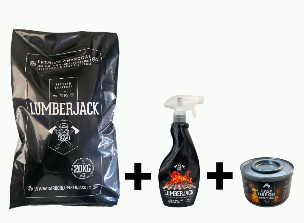PROMO Carbon Lumberjack  20kg + Desengrasante profesional parrillas 500ml + Iniciador de fuego EASY FIRE GEL 160g